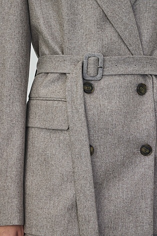 Двубортный жакет на поясе, серо-бежевый меланж