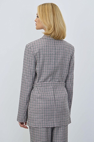 Двубортный жакет на поясе в серо-красную клетку, белый
