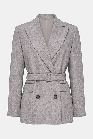 Двубортный жакет на поясе, серо-бежевый меланж