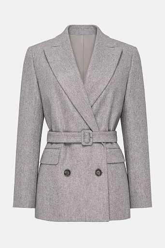 Двубортный жакет на поясе, серо-бежевый меланж