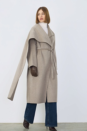 Пальто с кашемиром с лацканом-шалью, серо-бежевый меланж