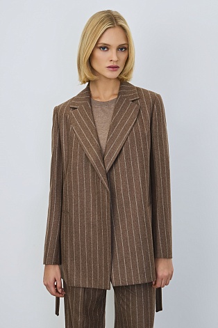 Удлиненный жакет в полоску на поясе, коричневый