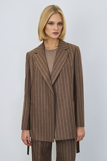 Удлиненный жакет в полоску на поясе, коричневый