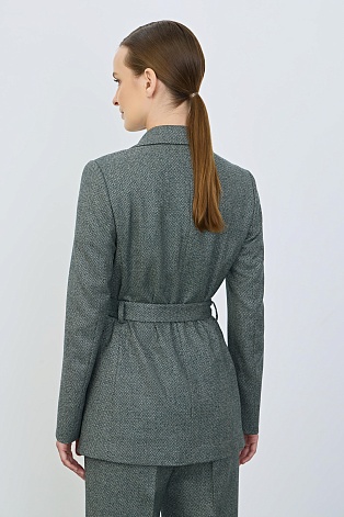 Костюмный жакет из шерсти на поясе, серо-зеленый
