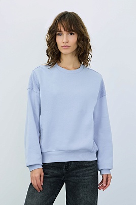 Свитшот из хлопка с текстурными вставками, нежно-голубая