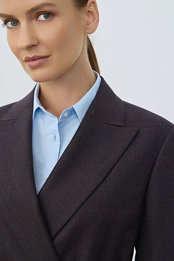 Двубортный жакет из шерсти с поясом, серо-коричневый