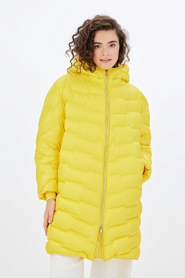 Ярко-желтое пуховое пальто с капюшоном
