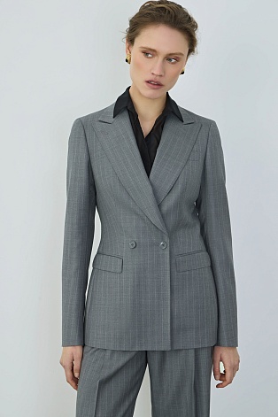 Двубортный жакет из шерсти в меловую полоску, серый
