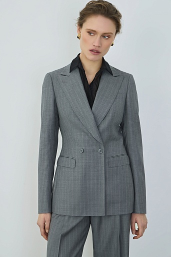 Двубортный жакет из шерсти в меловую полоску, серый