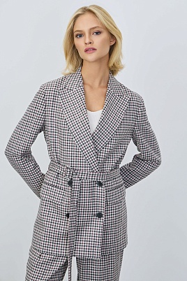 Двубортный жакет на поясе в серо-красную клетку, белый