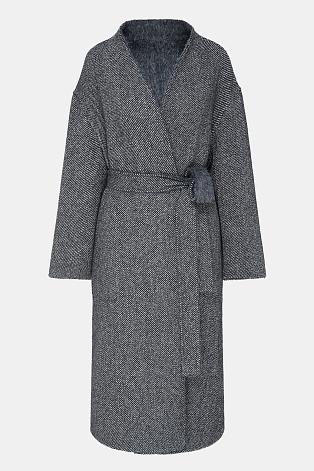 Двухстороннее пальто на поясе из шерсти, серый меланж