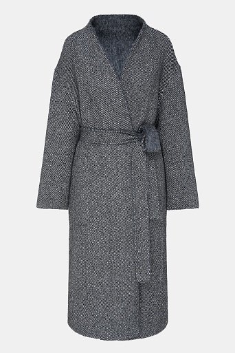 Двухстороннее пальто на поясе из шерсти, серый меланж