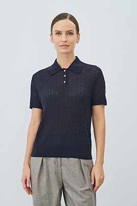 Футболка-поло из смесового хлопка и льна, темно-синяя