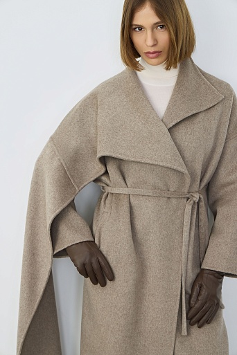 Пальто с кашемиром с лацканом-шалью, серо-бежевый меланж
