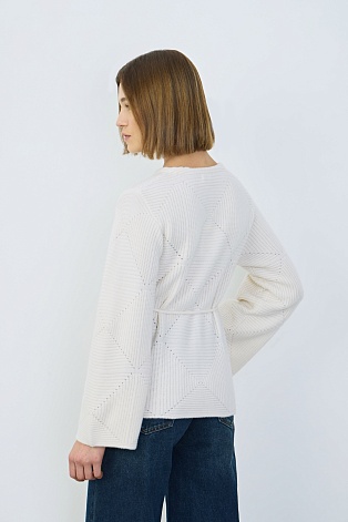 Кашемировый кардиган ажурной вязки, молочный