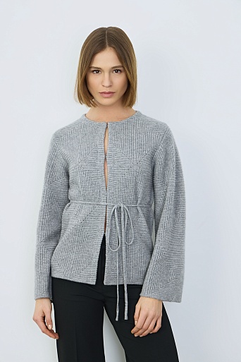 Кашемировый кардиган ажурной вязки, серый меланж