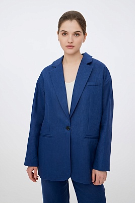 Синий льняной пиджак-оверсайз на одной пуговице