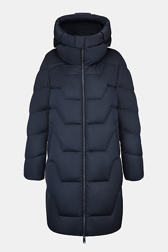 Темно-синее пуховое пальто с фигурной стежкой