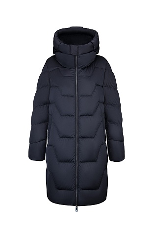 Темно-синее пуховое пальто с фигурной стежкой