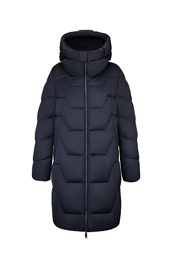 Темно-синее пуховое пальто с фигурной стежкой