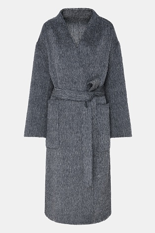 Двухстороннее пальто на поясе из шерсти, серый меланж