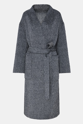 Двухстороннее пальто на поясе из шерсти, серый меланж