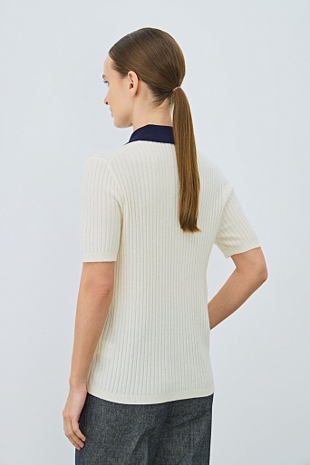 Футболка-поло из шерсти и кашемира, молочная с синим