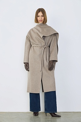 Пальто с кашемиром с лацканом-шалью, серо-бежевый меланж