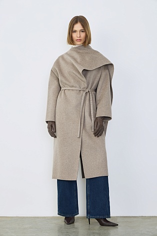 Пальто с кашемиром с лацканом-шалью, серо-бежевый меланж
