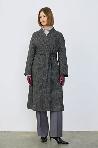 Двухстороннее пальто на поясе из шерсти, серый меланж