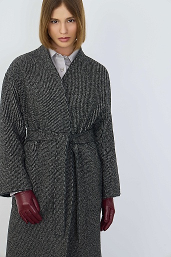 Двухстороннее пальто на поясе из шерсти, серый меланж