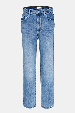 Прямые джинсы с потертостями, голубые