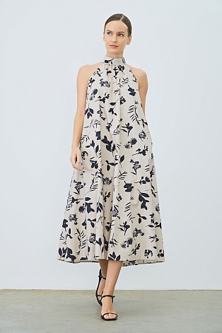 Платье А-силуэта с цветочным принтом, белое с черным
