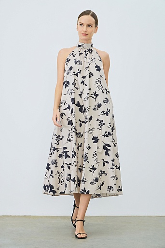 Платье А-силуэта с цветочным принтом, белое с черным