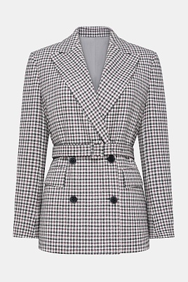 Двубортный жакет на поясе в серо-красную клетку, белый
