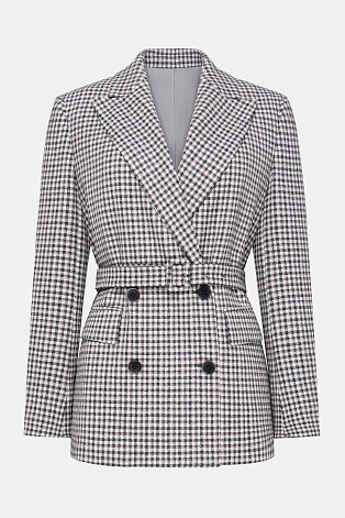 Двубортный жакет на поясе в серо-красную клетку, белый