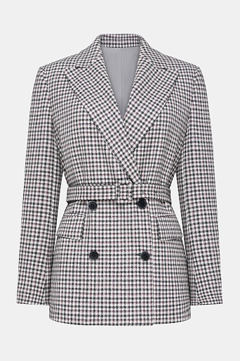 Двубортный жакет на поясе в серо-красную клетку, белый