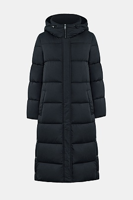 Длинный пуховик с капюшоном, иссиня-черный