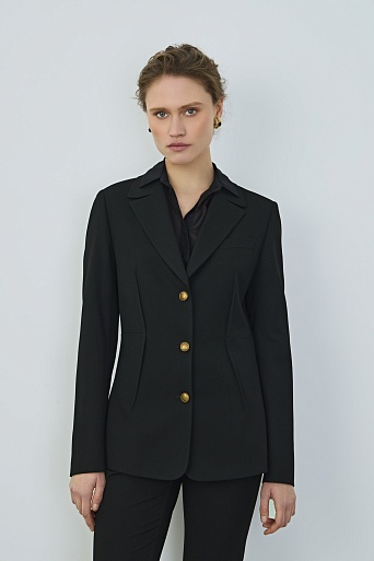 Жакет с акцентными вытачками и золотыми пуговицами, черный