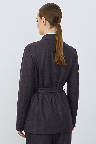 Двубортный жакет из шерсти с поясом, серо-коричневый