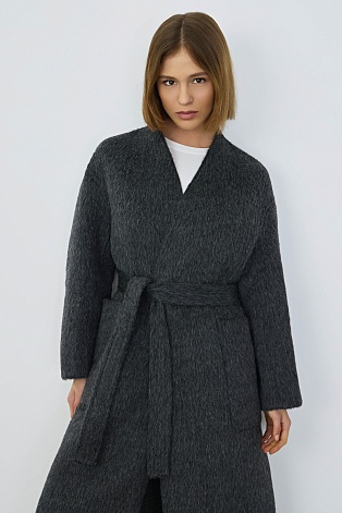 Пальто на поясе из шерсти с альпака, серый меланж
