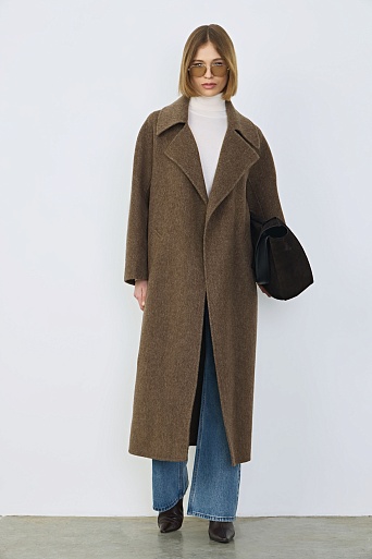 Длинное пальто из шерсти, коричневый меланж