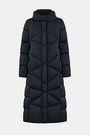 Длинный пуховик со стежкой треугольниками, иссиня-черный