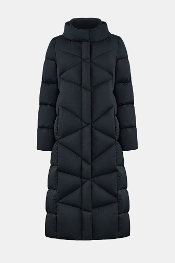 Длинный пуховик со стежкой треугольниками, иссиня-черный