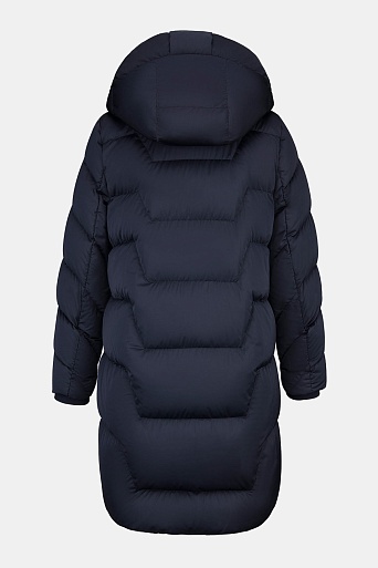 Темно-синее пуховое пальто с фигурной стежкой