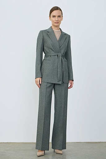 Костюмный жакет из шерсти на поясе, серо-зеленый