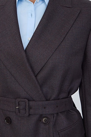 Двубортный жакет из шерсти с поясом, серо-коричневый
