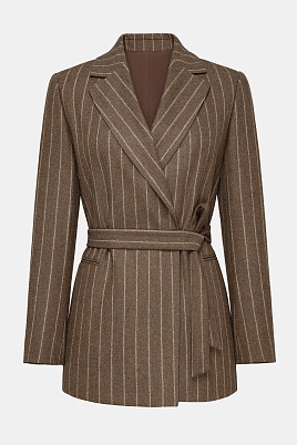 Удлиненный жакет в полоску на поясе, коричневый