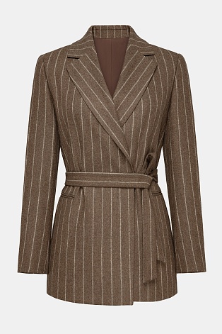 Удлиненный жакет в полоску на поясе, коричневый