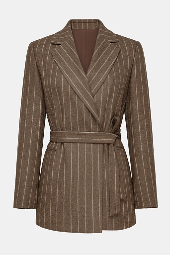 Удлиненный жакет в полоску на поясе, коричневый